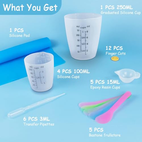 Creahaus Silicone Measuring Cups Tool Kit, Non-Stick Black Number 250 & 100ml Epoxy Mixing Cups, Reusable Resin Supplies with Silicone Cups, Stir Sticks, Pipettes, Mat for Resin Molds, Jewelry Making - color: Black, size: 250ml+100ml kit