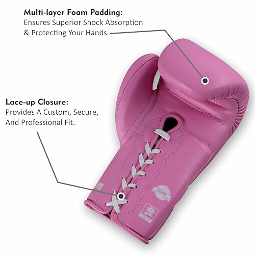 Aura 100 Full Grain Leather Lace Up Boxing Gloves for Men & Women – Professional Training, Sparring, Competition, Muay Thai, Kickboxing & Heavy Bag Gloves - color: Pink, size: 12 OZ