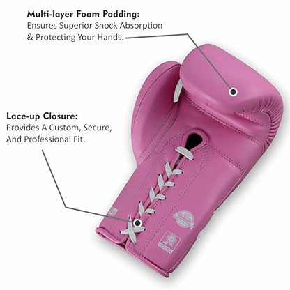 Aura 100 Full Grain Leather Lace Up Boxing Gloves for Men & Women – Professional Training, Sparring, Competition, Muay Thai, Kickboxing & Heavy Bag Gloves - color: Pink, size: 12 OZ