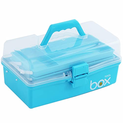 12'' Three-Layer Clear Art Box Organizer, Multipurpose Plastic Craft Box with Handle (Blue) - color: blue, size: 1PCS