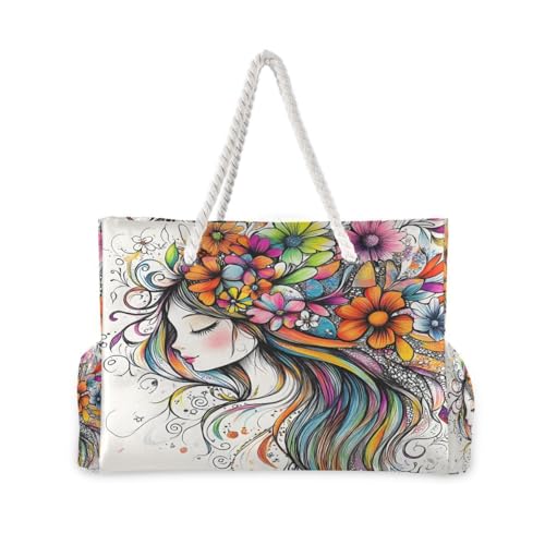 senya Large Beach Bags Totes Canvas Tote Shoulder Bag Soft Wave Water Resistant Bags for Gym Travel Daily Ocean - color: Girl With Flowers