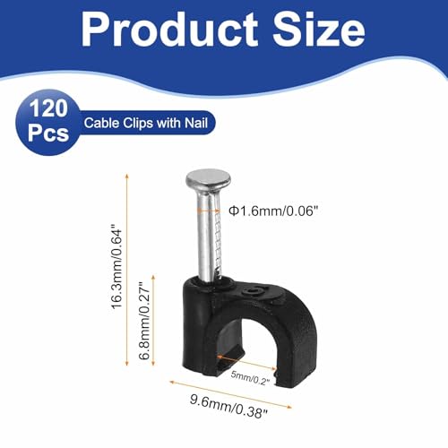 HARFINGTON 120pcs Cable Clips with Nail 5mm ID Circular Single Half Clamp J-Hook with Nail Cord Clips for Wires on Wall for Ethernet Tacks Coax Pex Tubing Pipe Support, Black - size: 5mm ID