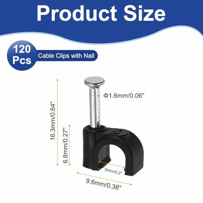 HARFINGTON 120pcs Cable Clips with Nail 5mm ID Circular Single Half Clamp J-Hook with Nail Cord Clips for Wires on Wall for Ethernet Tacks Coax Pex Tubing Pipe Support, Black - size: 5mm ID