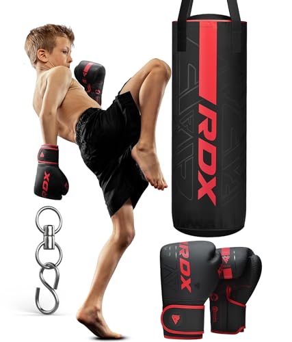 RDX Kids Unfilled Punching Bag Set 2FT, Non Tear Maya Hide Leather Kara Junior Hanging Bag for Kickboxing MMA Muay Thai Taekwondo Karate BJJ Strength Training, Home Gym Equipment - color: RED