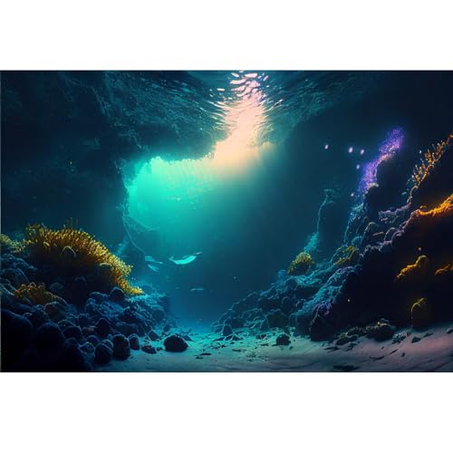 Ocean Floor Fish Tank Background Underwater Stone Aquarium Background Under Water Cave Sunlight Fish Tank Backdrop Decoration Seaweed Aquarium Backdrop Durable Vinyl 24x12in