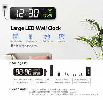 15.2" Gym Timer, App & Remote Control, Customizable LED Colors, Gym Clock | Stopwatch, Countdown, Count-up, Temperature, Date, Large Digital Wall Clokc for Home Gym Garage Office