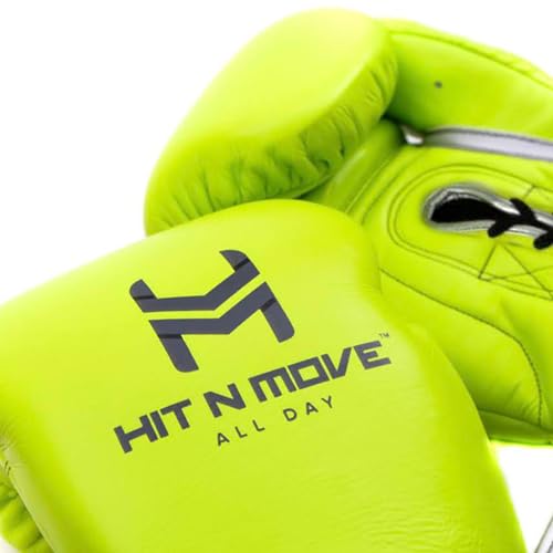 HIT N MOVE All Day Pro Balance Sparring and Bag Boxing Gloves LACE UP, Boxing Gloves Men & Women, Boxing Equipment, Sparring & Bag Gloves for Boxing, Kickboxing, Muay Thai, MMA - color: Neon Green, size: 14 OZ