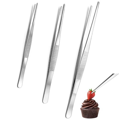 3PCS Stainless Steel Tweezer Set (8", 10", 12") – Precision Grip Tongs for Cooking, Plating, BBQ, Aquarium, Crafting & Lab Use, Long Reach, Non-Slip Control, Durable Rust-Resistant Tools