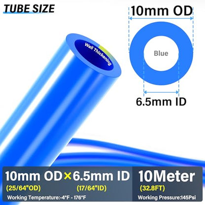 TAILONZ PNEUMATIC 10mm OD 6.5mm ID Polyurethane PU Air Hose Pipe Tube Kit 10 Meter 32.8ft - color: Blue, size: 10mm OD/32.8ft/10m