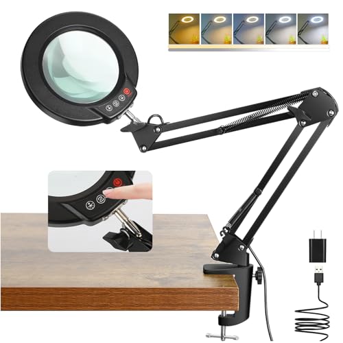 10X Magnifying Glass with Light and Clamp, Real Glass Stand Lighted Magnifier, 5 Color Modes Stepless Dimmable LED Desk Lamp Hands Free for Crafts Hobby Reading Painting Sewing Close Work - color: Black, size: 10X