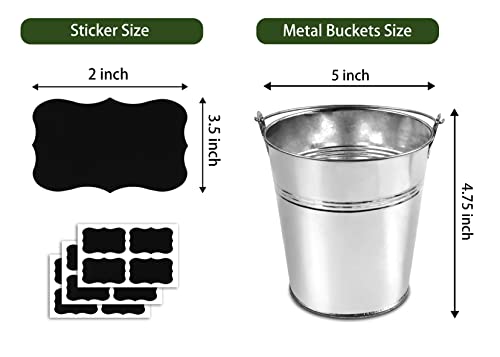 12 Metal Buckets with Chalkboard Stickers, Small Galvanized Pail for Party and Wedding, 5 Inch Tin Buckets, Garden Planters