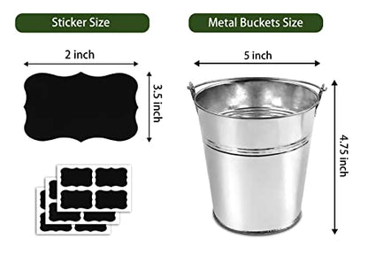 12 Metal Buckets with Chalkboard Stickers, Small Galvanized Pail for Party and Wedding, 5 Inch Tin Buckets, Garden Planters