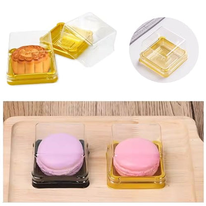 50Pcs Square Plastic Cake Boxes with Lids, 2.73" Clear PET Dessert Containers for Cupcakes, Muffins, Pastries, Bakery Packaging for Wedding, Birthday, Party Favors (gold base) - color: gold base