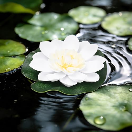 M METERXITY 1-Set Artificial Floating Foam Lotus Flower with Water Lily Pad, 4 Inch Fake Lotus Flowers Water Lilies for Pool/Fountain/Garden Decor, Pond Plants Ornaments [White]