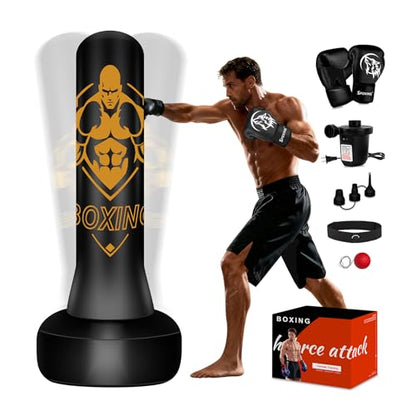 Freestanding Punching Bag for Adults, 70" Heavy Bag Inflatable Boxing Bag - color: Yellow Abs Man - Includes Accessories
