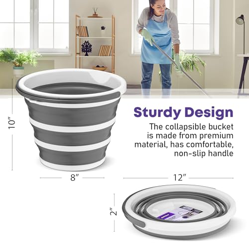 Superio Collapsible Bucket 2 Gallon Bucket with Handle Grey Car Wash Bucket Small Foldable Silicone Pail for Camping, Fishing, Cleaning, Mopping, 10 Liter