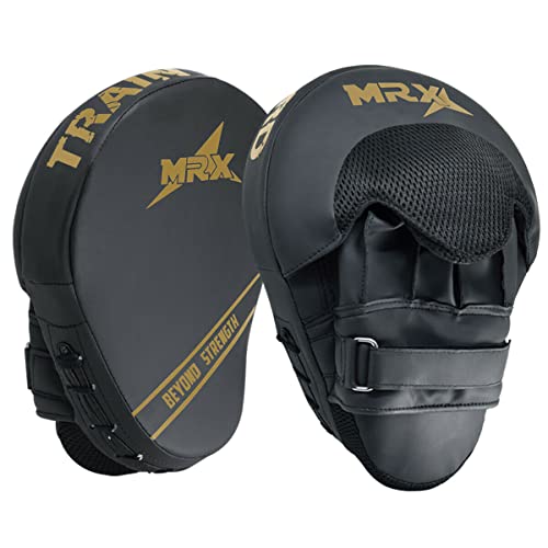 Punching Mitts MMA Muay Thai Boxing Pads, Gel Tech Leather Curved Focus Mitts, Training Hand Pads Sparring Martial Arts Karate Dojo Target Strike Shield - color: Black/Golden