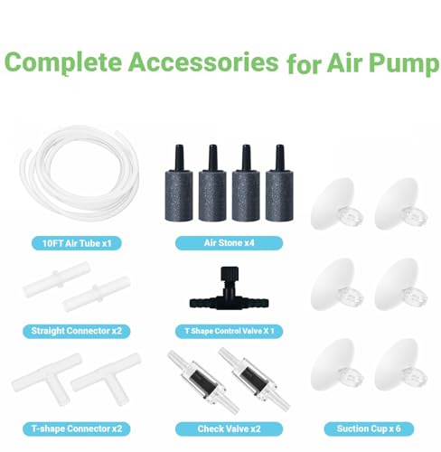 Aquarium Air Pump Accessories Kit with Standard Tubing, 4pcs Air Stones, 2pcs Check Valves, 6pcs Suction Cups, 4pcs Connectors, T Shape Control Valve (10 Ft. Tubing Kit)