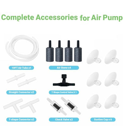 Aquarium Air Pump Accessories Kit with Standard Tubing, 4pcs Air Stones, 2pcs Check Valves, 6pcs Suction Cups, 4pcs Connectors, T Shape Control Valve (10 Ft. Tubing Kit)