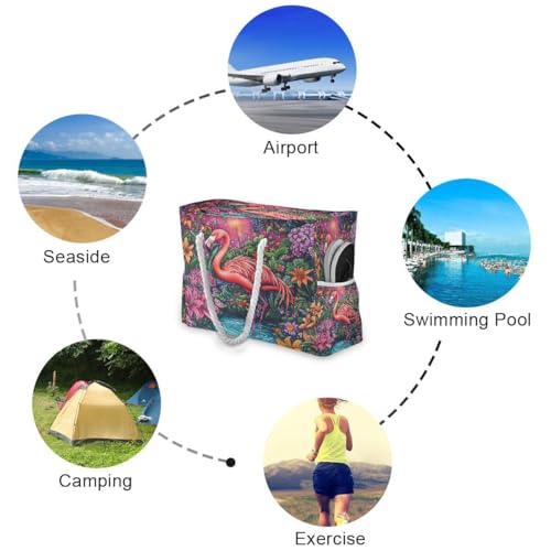 senya Large Beach Bags Totes Canvas Tote Shoulder Bag Soft Wave Water Resistant Bags for Gym Travel Daily Ocean - color: Flamingo Flowers