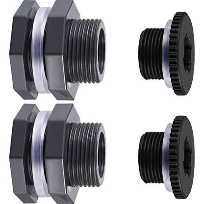 Outus 2 Pieces PVC Bulkhead Fitting with Plugs for Rain Barrels, Aquariums, Water Tanks, Tubs, Pools (3/4 Inch+4 mm Thick Silicon Seal Gaskett,Dark Grey)