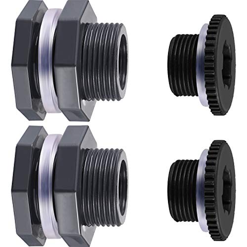 Outus 2 Pieces PVC Bulkhead Fitting with Plugs for Rain Barrels, Aquariums, Water Tanks, Tubs, Pools (3/4 Inch+4 mm Thick Silicon Seal Gaskett,Dark Grey)
