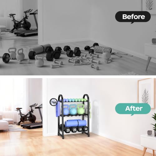3 Tier Dumbbell Rack - Weight Rack for Home Gym: Stand Only | Heavy Duty Adjustable Storage Rack with Hooks, Dumbbell Stand & Weight Holder, Organizer Shelf for Home Gym - size: 18.5''Length