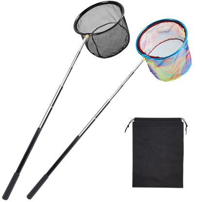 2 Packs Retractable Fishing Net Lightweight Landing Net for Youth Telescopic Fish Butterfly Catching Net for Outdoor Activities - color: Black+Blue