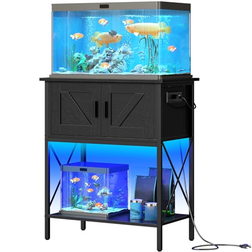 HOOBRO 20 Gallon Fish Tank Stand with Power Outlets and LED Light, Small Entryway Table with 3-Tier Storage Shelves, Turtle Tank Stand with Cabinet Storage, for Living Room, Hallway BB72XG01 BB40UDFT0