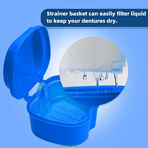 Denture Cup Dental Retainer Case Cleaning with Strainer Basket, Orthodontic Bath Box Mouthguard Storage Soaking Holder - Dark Blue - color: Dark Blue