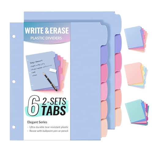 Sooez 6-Tab Durable Plastic Write & Erase Big Tab Dividers for 3 Ring Binder, Aesthetic Cute Binder Dividers for Student, Teacher, Office, Home Organizers, 2 Sets, Elegant - color: Elegant, size: 2set