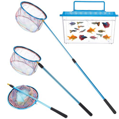 2-in-1 Set Telescopic Fishing Net and Beach Fish Tank, 30" to 48" Extendable Lightweight Aluminum Pole with Non-Slip Handle for Catching Observing Release, Outdoor Exploration Kit