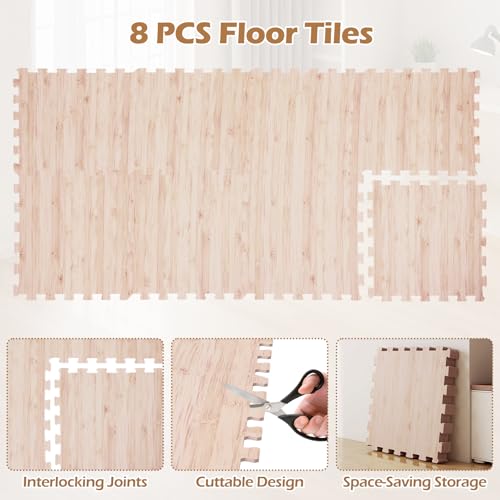Giantex Wood Grain Floor Tiles Foam Mat, 8 PCS EVA Foam Puzzle Mats, 20'' x 20'' Interlocking Exercise Mat, Floor Padding for Furniture, Living Room, Bedroom, Gym, Home Office, Basement, Light Oak - size: 21 sq. ft. (8 pcs)