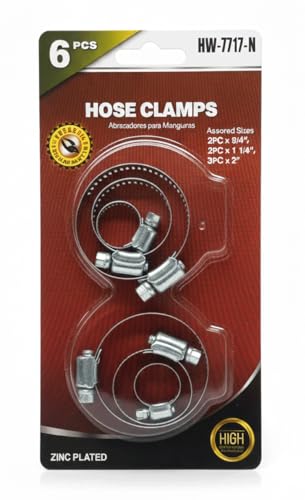 Hose Clamps Assortment 6-Pack – Zinc-Plated Steel, 2 Each: 3/4", 1-1/4", 2" – Adjustable, Durable, Rust-Proof