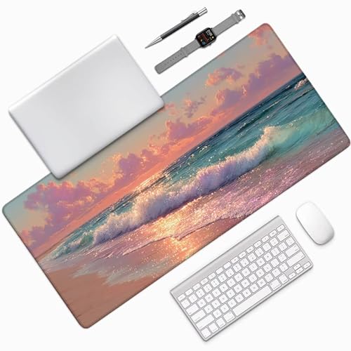 Sea View Gaming Mouse Pad 24x12in, Large Desk Mat Sunset, Mousepad with Stitched Edges, Gaming Accessories, Mouse Pad with Non-Slip Rubber Base, Office Accessories Keyboard Mat, for PC Laptop N-9485