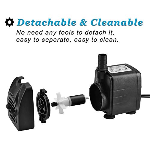 220GPH Ultra Quiet Fountain Pump (15W 800L/H), Small Submersible Pump for Pond, Water Feature, Aquariums, Fish Tanks, Hydroponics, Indoor or Outdoor Fountain (AC Powered)