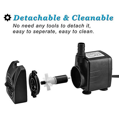 220GPH Ultra Quiet Fountain Pump (15W 800L/H), Small Submersible Pump for Pond, Water Feature, Aquariums, Fish Tanks, Hydroponics, Indoor or Outdoor Fountain (AC Powered)