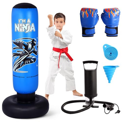Onirii 66 Inch Kids Punching Bag Toy with Boxing Gloves - color: NEW Ninja Blue