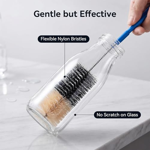 2 Pack 17 Inch Long Handle Bottle Brush, Narrow Neck Bottle Cleaner Brush with 2 Inch & 1.3 Inch Soft Nylon Bristles, for Water Bottles, Soda Bottles, Home Brewing, Kombucha, Spice Jars
