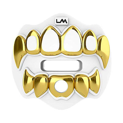 Loudmouth Football Mouth Guard for Youth & Adult - 3D Chrome Grillz White Gold Teeth Mouthpiece with Strap, No-Boil Braces-Friendly Sports Mouthguard (Chrome White/Gold) - color: 3d Grillz - Chrome White/Gold