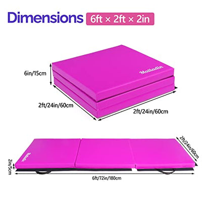 Matladin 6' Folding Tri-fold Gymnastics Gym Exercise Aerobics Mat, 6ft x 2ft x 2in PU Leather Tumbling Mats with Hook & Loop Fastener for Stretching Yoga Cheerleading Martial Arts - color: Purple-2 Pack