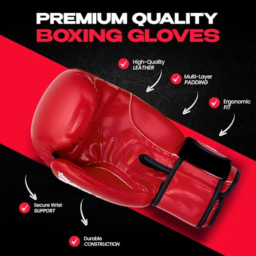 Green Hill Leather Boxing Gloves for Men & Women, Training Gloves - color: Red, size: 10 OZ