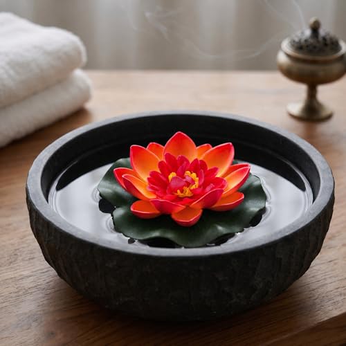 Artificial Floating Foam Lotus Flower with Lily Pads, Artificial Pond Plants Ornaments for Pond Garden Aquarium Decoration, Orange