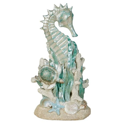 Touch of Class Coastal Seahorse & Sea Turtle Table Sculpture | Handpainted Pearlescent Metallic Ivory, Cool Blue, & Green Hues, Ocean Sealife, Coral Reef, & Seashells, Textured Sand Base