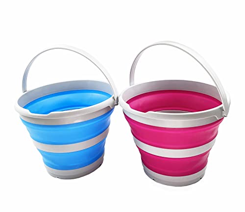 SAMMART 10L (2.6 Gallon) Collapsible Plastic Bucket - Foldable Round Tub - Portable Fishing Water Pail - Space Saving Outdoor Waterpot, Size 33cm Dia (Sky Blue + Flamingo (Set of 2)) - color: Sky Blue + Flamingo (Set of 2)