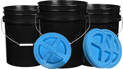 5 Gallon Black Bucket with Aqua lid Pack of 3 Made in USA containers