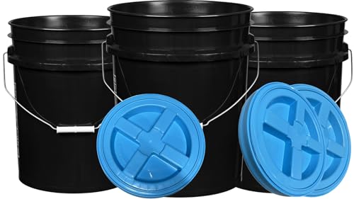 5 Gallon Black Bucket with Aqua lid Pack of 3 Made in USA containers