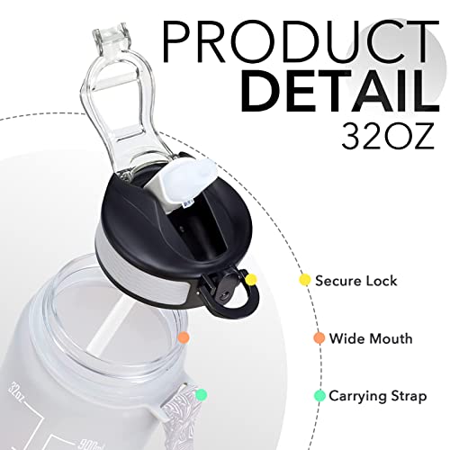 Hyeta Water Bottle with Straw & Time Marker, Plastic 32oz Leakproof - color: Gray-Black