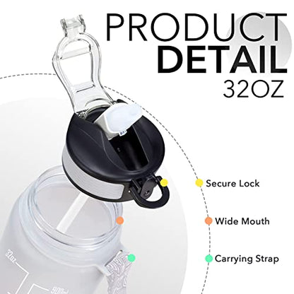 Hyeta Water Bottle with Straw & Time Marker, Plastic 32oz Leakproof - color: Gray-Black