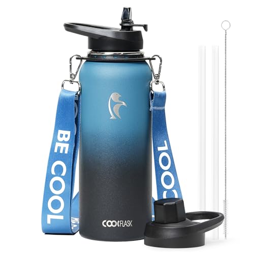 Coolflask 40 oz Water Bottle Insulated Stainless Steel with Strap - color: Blue, size: 40 Ounces